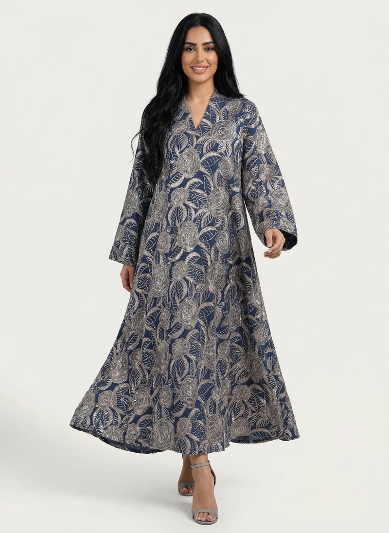 Metanoia Navy Linen Floral Embroidery Jalabiya